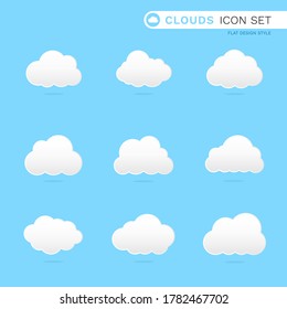 Clouds icon on blue clear sky background paper flat style cartoon with shadow.