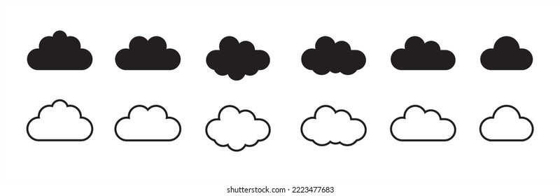 Clouds icon set. Cloud line vector icons in various shape. Symbol for forecast and online data storage. Simple flat design style. Isolated illustration in white background.