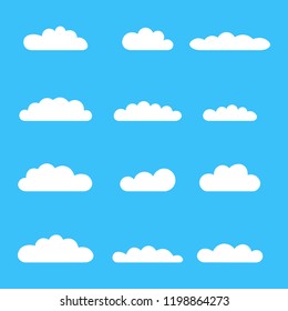 Clouds icon set. Different cloud shapes isolated on the blue sky background.
