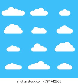 Clouds icon set. Different cloud shapes isolated on the blue sky background. Vector illustration.