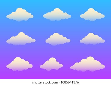 Clouds icon. Clouds set isolated on a blue transparent background. Clouds stencil. Clouds silhouettes. Realistic elements. Symbols of weather. Simple cartoon design. Flat style. Vector illustration.
