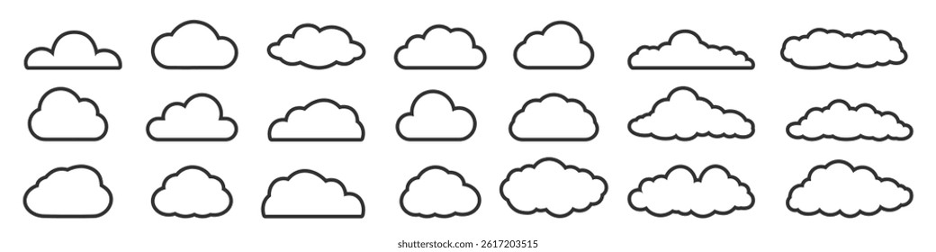 Clouds icon set isolated on transparent. A set of clouds illustration in the sky in black line silhouette