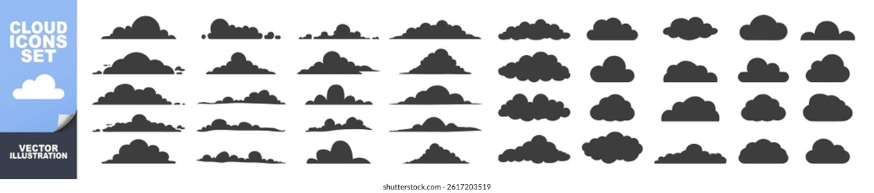 Clouds icon set isolated on transparent. A set of clouds illustration in the sky in black silhouette