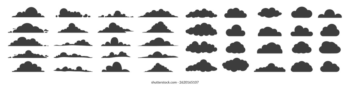 Clouds icon set isolated on transparent. A set of clouds illustration in the sky in black silhouette