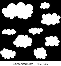Clouds icon set on black sky background. Funny shapes. Vector illustration.