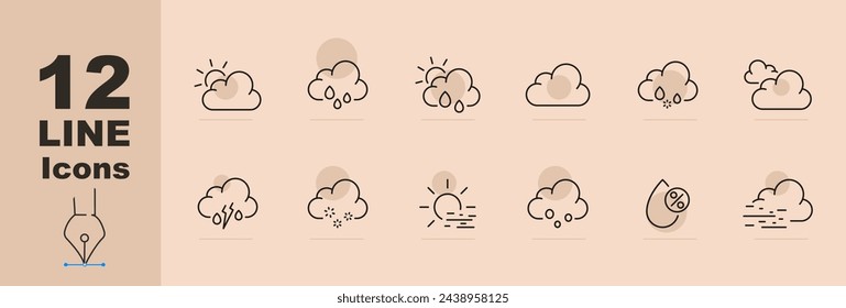 Conjunto de iconos de nubes. Lluvia, humedad, rayos, sol, viento, humedad, heladas, hielo, nieve. Fondo de color pastel. Icono de línea vectorial para negocios