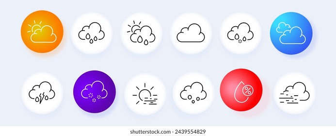 Clouds icon set. Rain, moisture, lightning, sun, wind, humidity, frost, ice, snow. Neomorphism style. Vector line icon for business and advertising