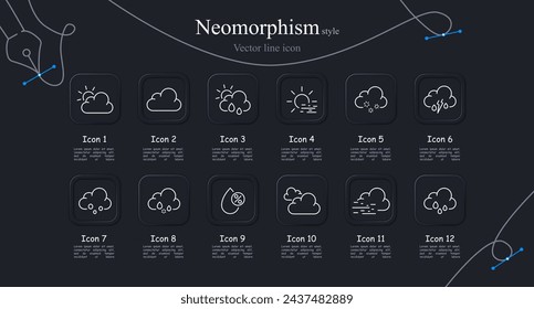 Clouds icon set. Sun, thunderstorm, wind, snowflakes, hail, precipitation, humidity level. Neomorphism style. Vector line icon for business and advertising