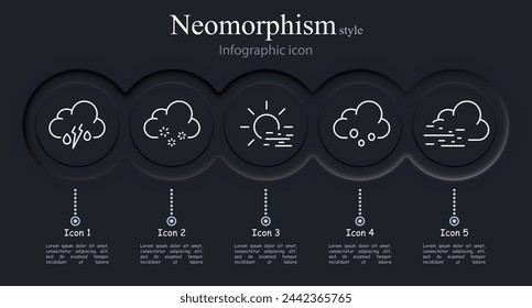 Clouds icon set. Sun, thunderstorm, wind, snowflakes, hail, precipitation, humidity level. Neomorphism style. Vector line icon for business and advertising