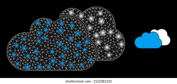 Clouds icon and shiny net mesh clouds structure with bright light spots. Illuminated constellation created from clouds vector icon and polygonal mesh. Illuminated frame clouds, on a black background.