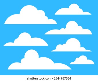 Clouds icon white color isolated on blue azure background. Flat Vector illustration set of soft clouds clip-art elements.
