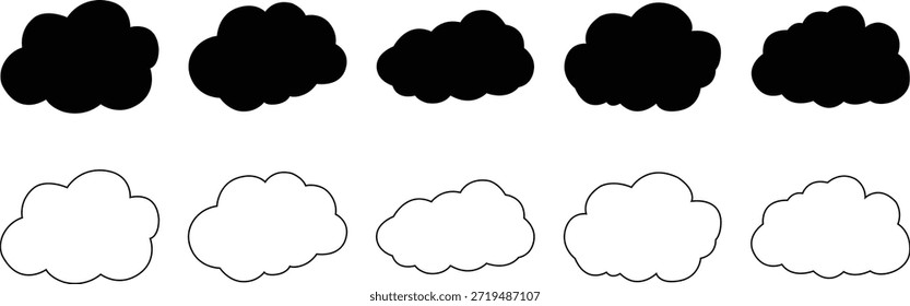 Ícones de nuvens definidos, preto e branco, ilustração, previsão do tempo, símbolos