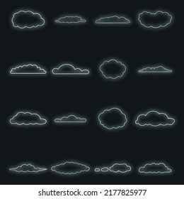 Clouds-Symbole gesetzt. Illustration von 16 Wolken, Vektorsymbole, Neonfarbe auf Schwarz