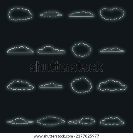 Clouds icons set. Illustration of 16 clouds vector icons neon color on black