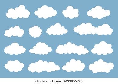 Iconos de nubes sobre fondo azul. Conjunto de vector de nubes de dibujos animados. Conjunto de símbolos de pronóstico del tiempo