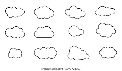 Clouds icons. A set of simple, isolated elements. Flat shapes, lines design.
Stroke Signs for internet sites, applications, user interface.
Vector illustration.