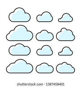 Clouds icons set vector. Outline cloud symbols with fill.