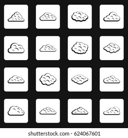 Clouds icons set in white squares on black background simple style vector illustration