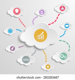 Clouds with infographic elements and icons.