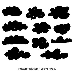 Clouds ink brush strokes. Black cloud collection. Grunge Clouds. Vector illustration