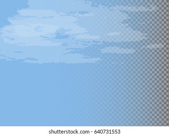Clouds isolated on blue and transparent background. Vector illustration of transparent white clouds.
