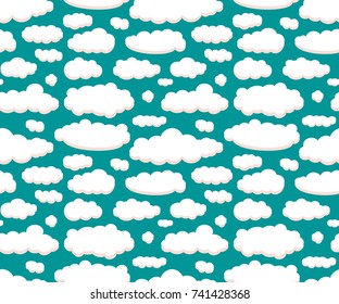 Clouds isolated on green sky seamless pattern background for your design. Graphic design  for web, print or template. Vector illustration.