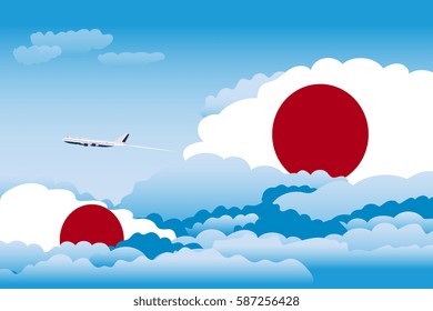 Clouds with Japan Flags, Aeroplane Flying