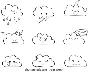 Clouds Kawaii, Cute Faces, Expression, Black Outline, freehand, moon, rainbow, storm, lightning bolt, Illustration, rain drops, girl bow, smile, mad, sleepy, funny doodles, feelings, happy, weather