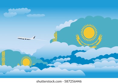 Clouds with Kazakhstan Flags, Aeroplane Flying