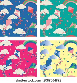 Clouds and kites themed seamless print design with 4 different color options