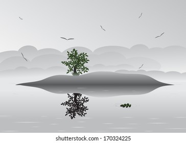 Clouds. landscape with clouds and birds, island and tree, surrounded by water and mist 