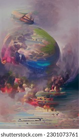 Clouds of Light. Escape to Reality series. Composition of surreal sunset sunrise colors and textures on theme of landscape painting, imagination, creativity and art