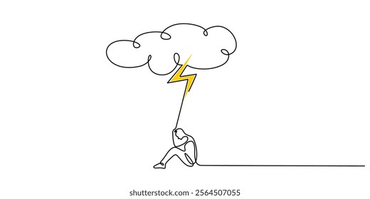 Clouds with lightning above a stressed man’s head in continuous one line drawing. Depicting anxiety, challenges, and emotional struggles. Vector illustration.