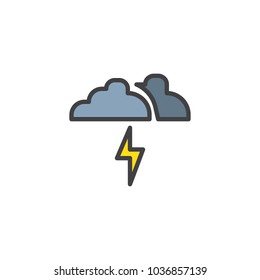 Clouds and lightning filled outline icon, line vector sign, linear colorful pictogram isolated on white. Storm weather symbol, logo illustration. 