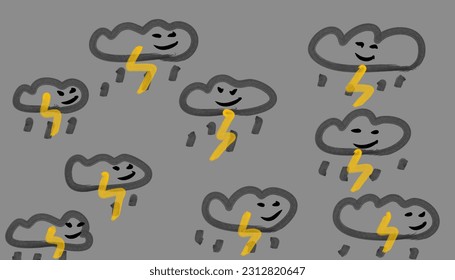 Clouds with lightning hand-painted in children's style print for textiles or web