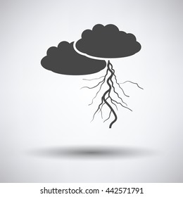 Clouds and lightning icon on gray background, round shadow. Vector illustration.