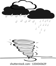 Clouds and lightning lines, tornado winds, cyclones, variable weather conditions Art icons isolated illustration vector cartoon graphics