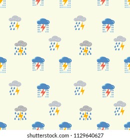 Clouds with lightning pattern. Vector seamless pattern. Cute clouds, raindrops. Illustration for children's parties, packages.