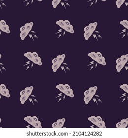 Clouds with lightning of seamless pattern. Cute hand drawn background. Repeated texture in doodle style for fabric wrapping paper, wallpaper, tissue. Vector illustration.