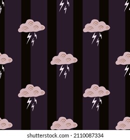Clouds with lightning of seamless pattern. Cute hand drawn background. Repeated texture in doodle style for fabric wrapping paper, wallpaper, tissue. Vector illustration.
