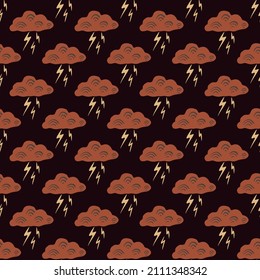 Clouds with lightning of seamless pattern. Cute hand drawn background. Repeated texture in doodle style for fabric wrapping paper, wallpaper, tissue. Vector illustration.