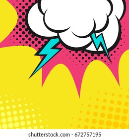 Clouds with lightning. Style comics, halftone.