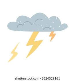 Wolken met bliksem en textuur. Platte kleur geïsoleerde doodle illustratie. Het is geschikt voor het ontwerpen van prints, posters, verpakkingen, posts op sociale media en weerontwerpen. Weerbericht