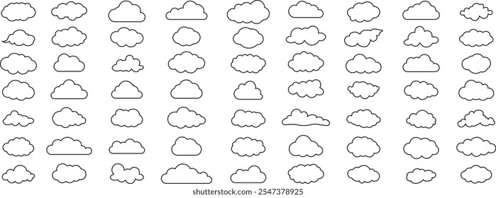 Wolkenlinien-Kunstsymbolsatz. Wolkenlinienform, grafische Wolkenumrisse, Wolkengefüttert, wolkenförmige Linie einfach. Datenbanken Networking Software Image Cloud und Synoptics Konzept. Cloud Line Art-Vektorpaket