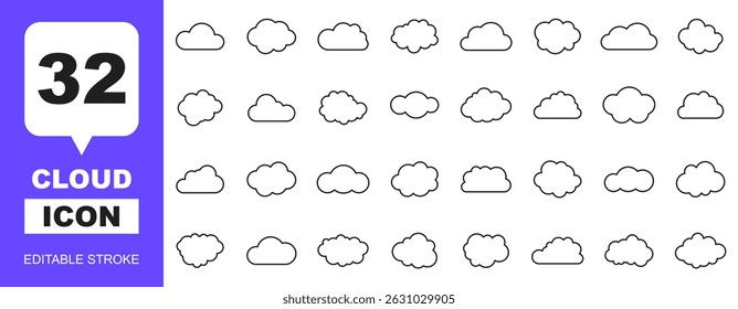 Clouds line icon set. Cloud symbols. Editable stroke. Vector illustration.