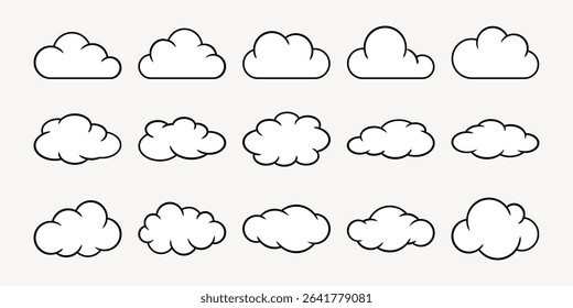 Clouds line shape. Set of vector outlines, varied cloud forms: fluffy cumulus, elongated stratus rendered in monochrome line art with sharp edges.  Minimalist cloud silhouettes. 