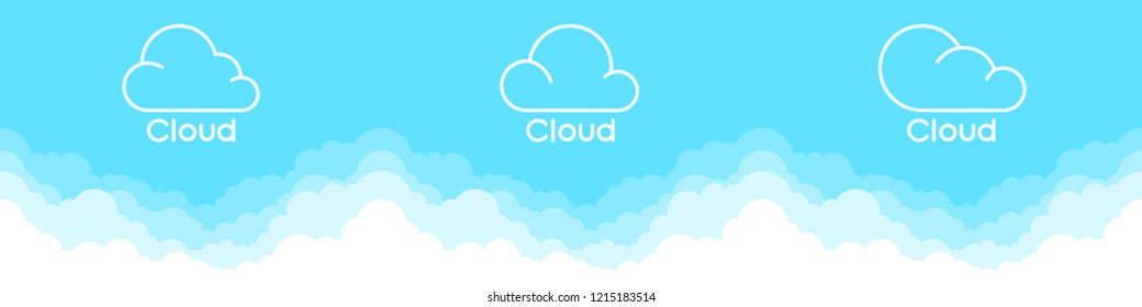 Clouds logo set isolated on a blue background. Thin line logo or icon. Border of clouds. Simple modern cartoon design. Flat style vector illustration. 