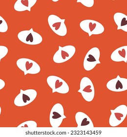 Clouds of love cute seamless pattern. A red heart in speech bubble icon. Cute white speech bubbles with heart on red background. Ornament for postcards, wallpaper, wrapping paper, hobby.