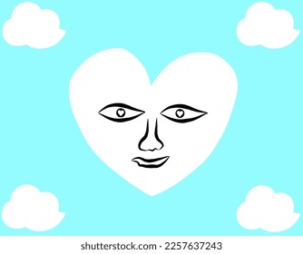 Clouds and love symbol with cute face on blue background.