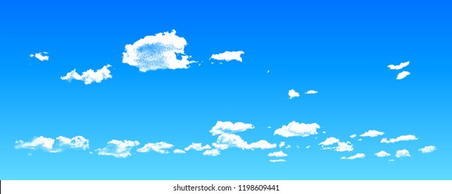 Clouds made of scattered dots in the blue sky, dotwork cloudscape illustration